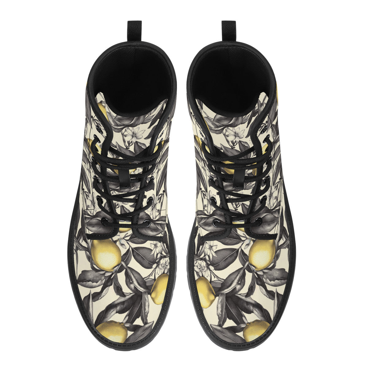 Lemon Blossom Boots – Vintage Floral Lace-Up Combat Boots, Vegan Leather Waterproof Ankle Boots, Bold Statement Footwear for Women