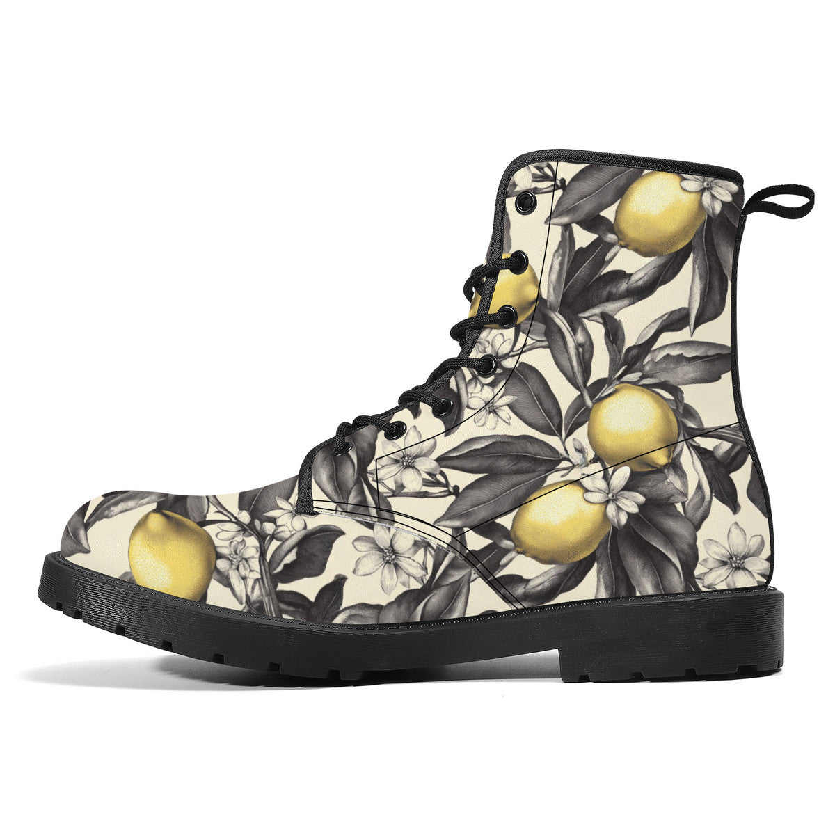 Lemon Blossom Boots – Vintage Floral Lace-Up Combat Boots, Vegan Leather Waterproof Ankle Boots, Bold Statement Footwear for Women