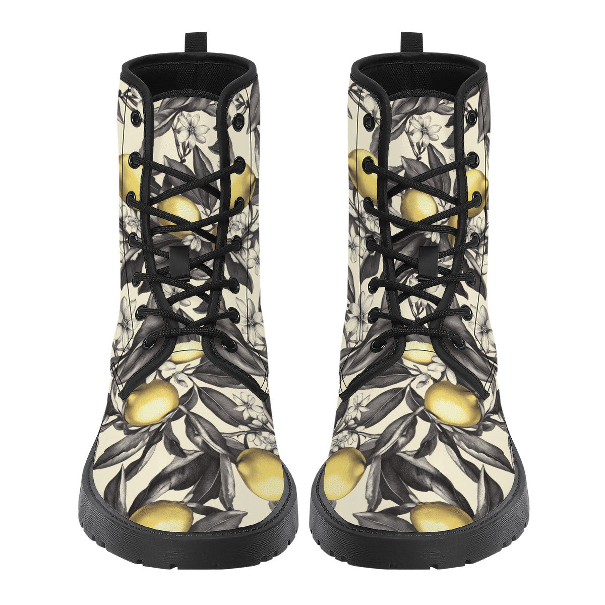 Lemon Blossom Boots – Vintage Floral Lace-Up Combat Boots, Vegan Leather Waterproof Ankle Boots, Bold Statement Footwear for Women