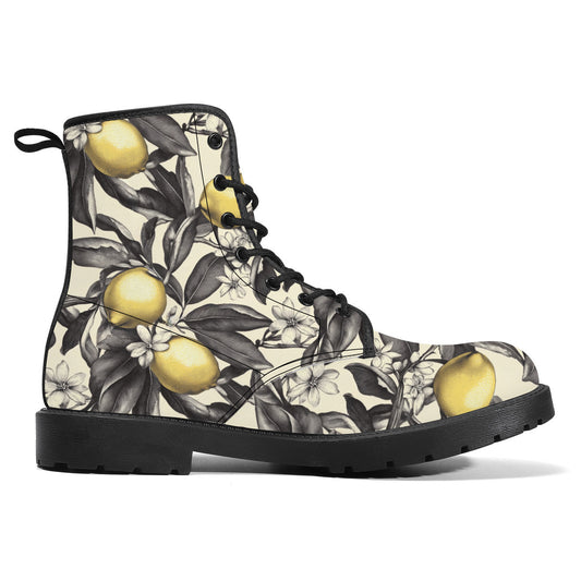 Lemon Blossom Boots – Vintage Floral Lace-Up Combat Boots, Vegan Leather Waterproof Ankle Boots, Bold Statement Footwear for Women