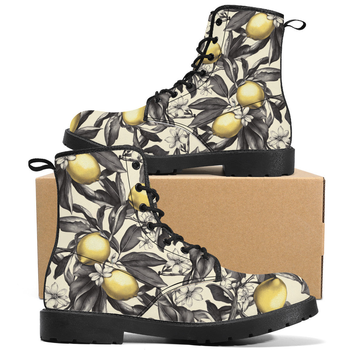 Lemon Blossom Boots – Vintage Floral Lace-Up Combat Boots, Vegan Leather Waterproof Ankle Boots, Bold Statement Footwear for Women