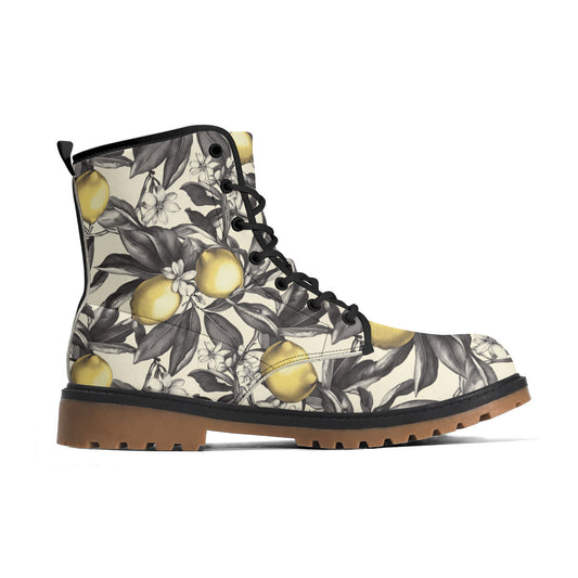 Lemon Blossom Combat Boots – Vintage Floral Lace-Up Boots, Vegan Leather Waterproof Ankle Boots, Bold Statement Footwear for Women