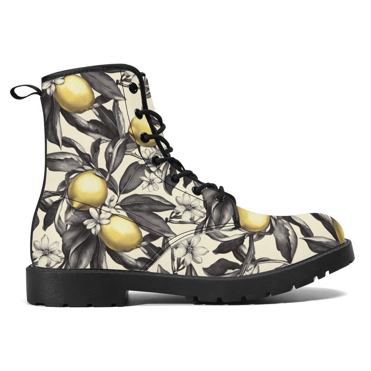 Lemon Blossom Boots – Vintage Floral Lace-Up Combat Boots, Vegan Leather Waterproof Ankle Boots, Bold Statement Footwear for Women