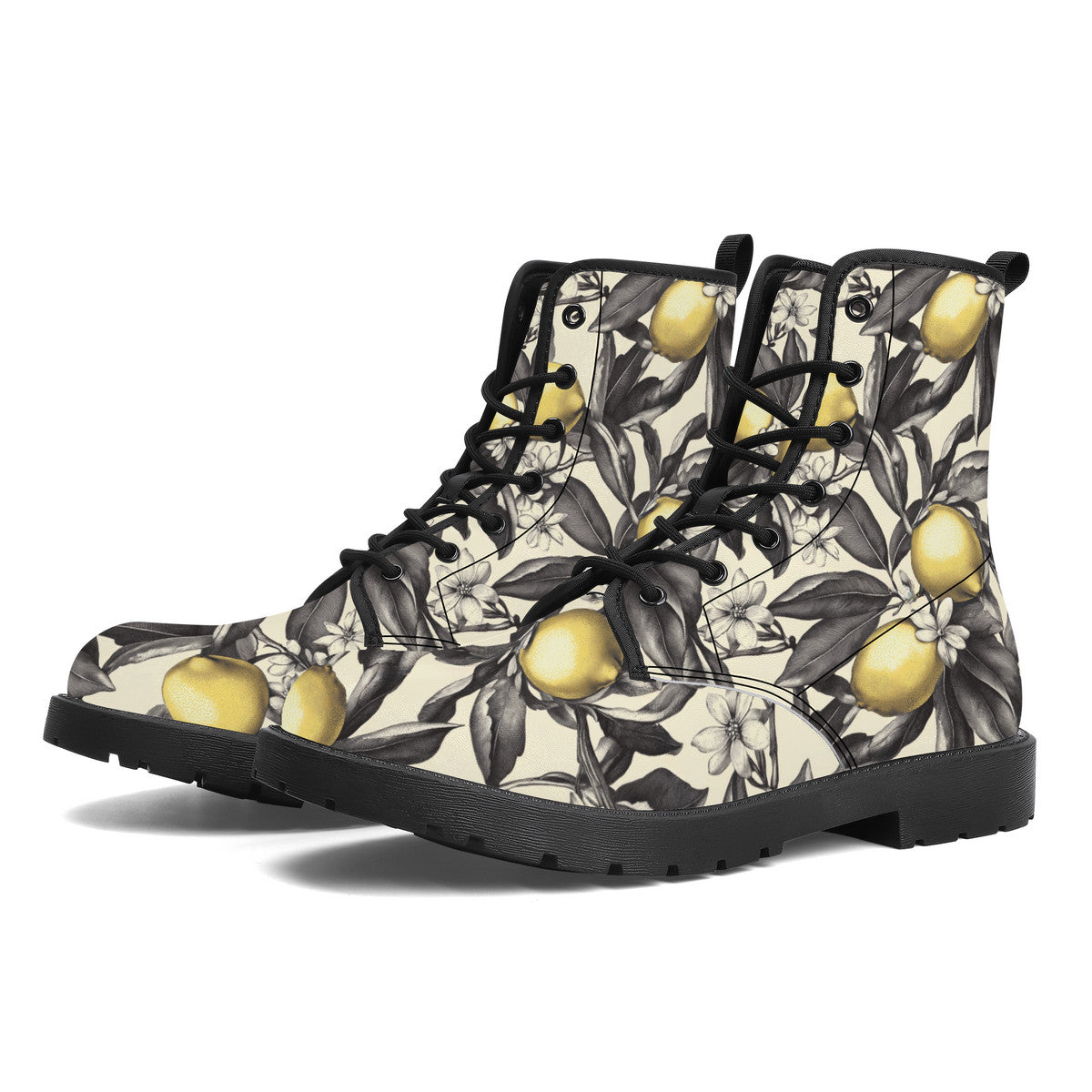 Lemon Blossom Boots – Vintage Floral Lace-Up Combat Boots, Vegan Leather Waterproof Ankle Boots, Bold Statement Footwear for Women