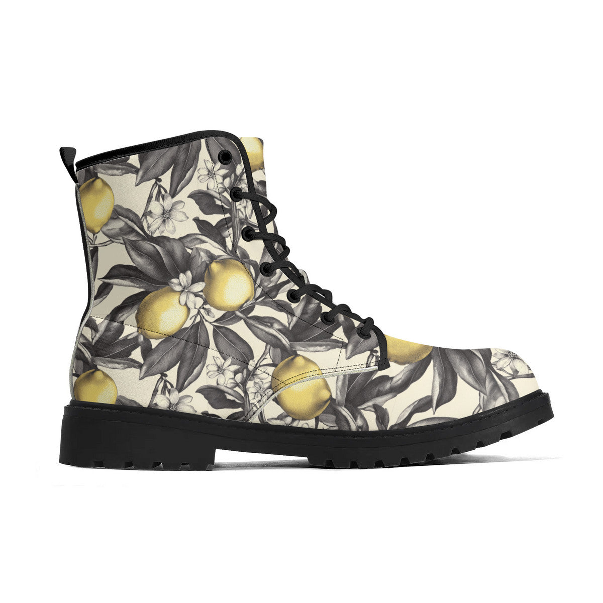 Lemon Blossom Combat Boots – Vintage Floral Lace-Up Boots, Vegan Leather Waterproof Ankle Boots, Bold Statement Footwear for Women