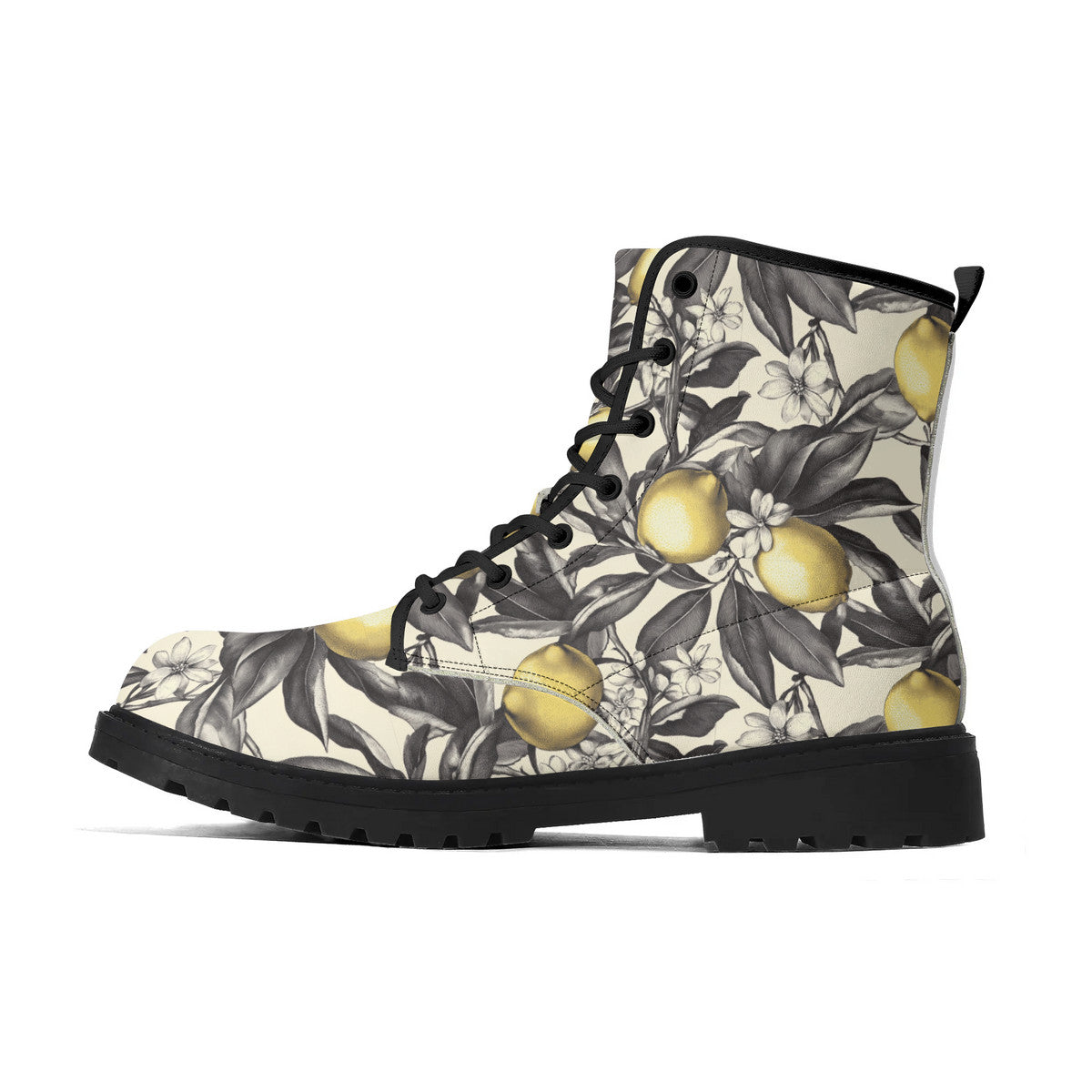Lemon Blossom Combat Boots – Vintage Floral Lace-Up Boots, Vegan Leather Waterproof Ankle Boots, Bold Statement Footwear for Women