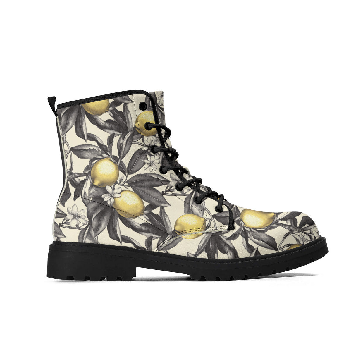 Lemon Blossom Combat Boots – Vintage Floral Lace-Up Boots, Vegan Leather Waterproof Ankle Boots, Bold Statement Footwear for Women
