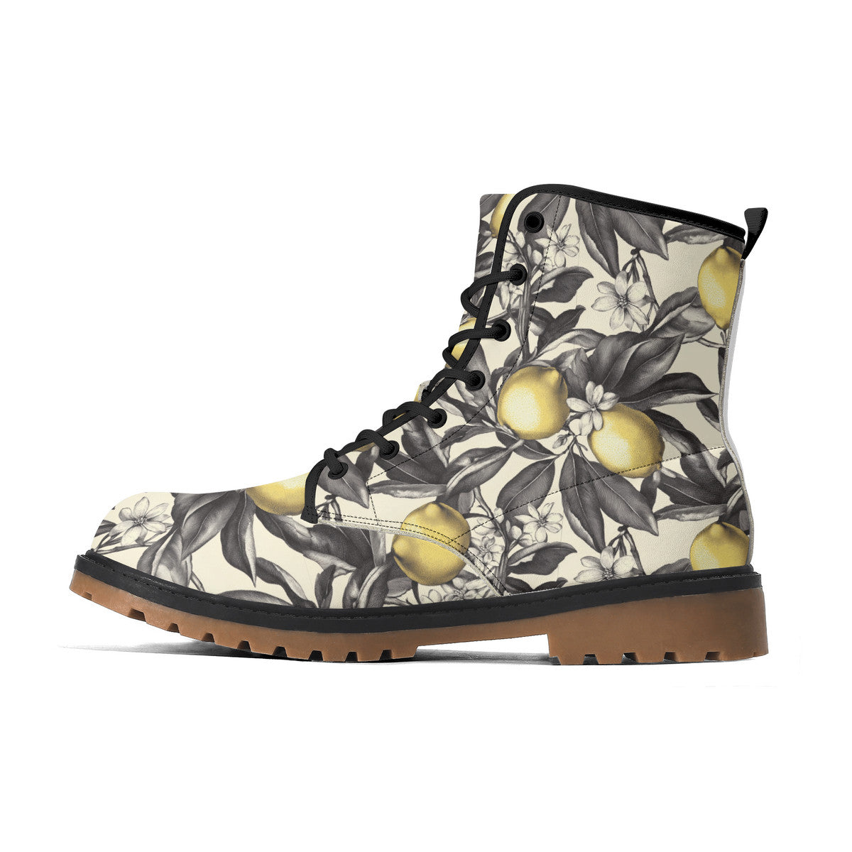 Lemon Blossom Combat Boots – Vintage Floral Lace-Up Boots, Vegan Leather Waterproof Ankle Boots, Bold Statement Footwear for Women