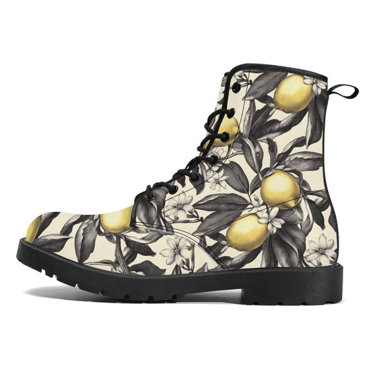 Lemon Blossom Boots – Vintage Floral Lace-Up Combat Boots, Vegan Leather Waterproof Ankle Boots, Bold Statement Footwear for Women