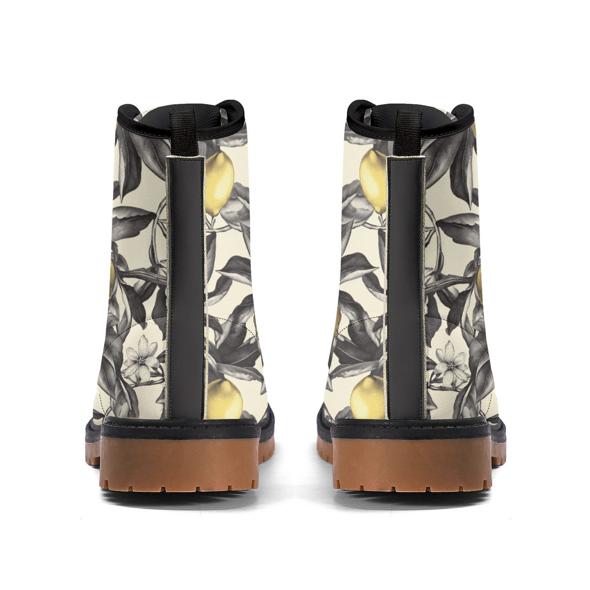 Lemon Blossom Combat Boots – Vintage Floral Lace-Up Boots, Vegan Leather Waterproof Ankle Boots, Bold Statement Footwear for Women