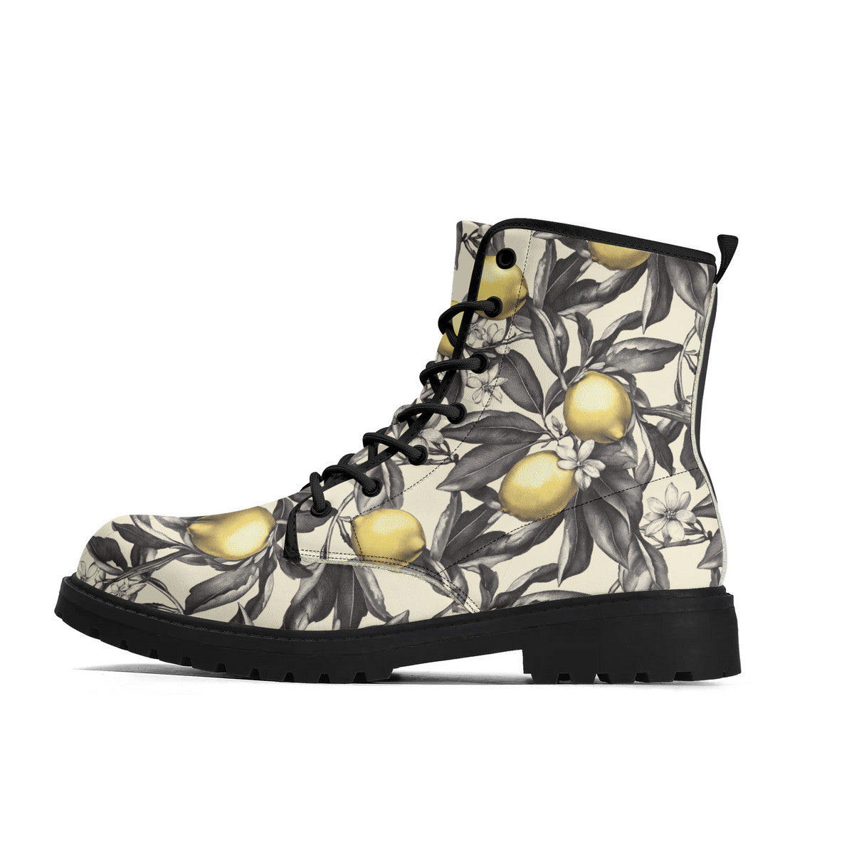 Lemon Blossom Combat Boots – Vintage Floral Lace-Up Boots, Vegan Leather Waterproof Ankle Boots, Bold Statement Footwear for Women