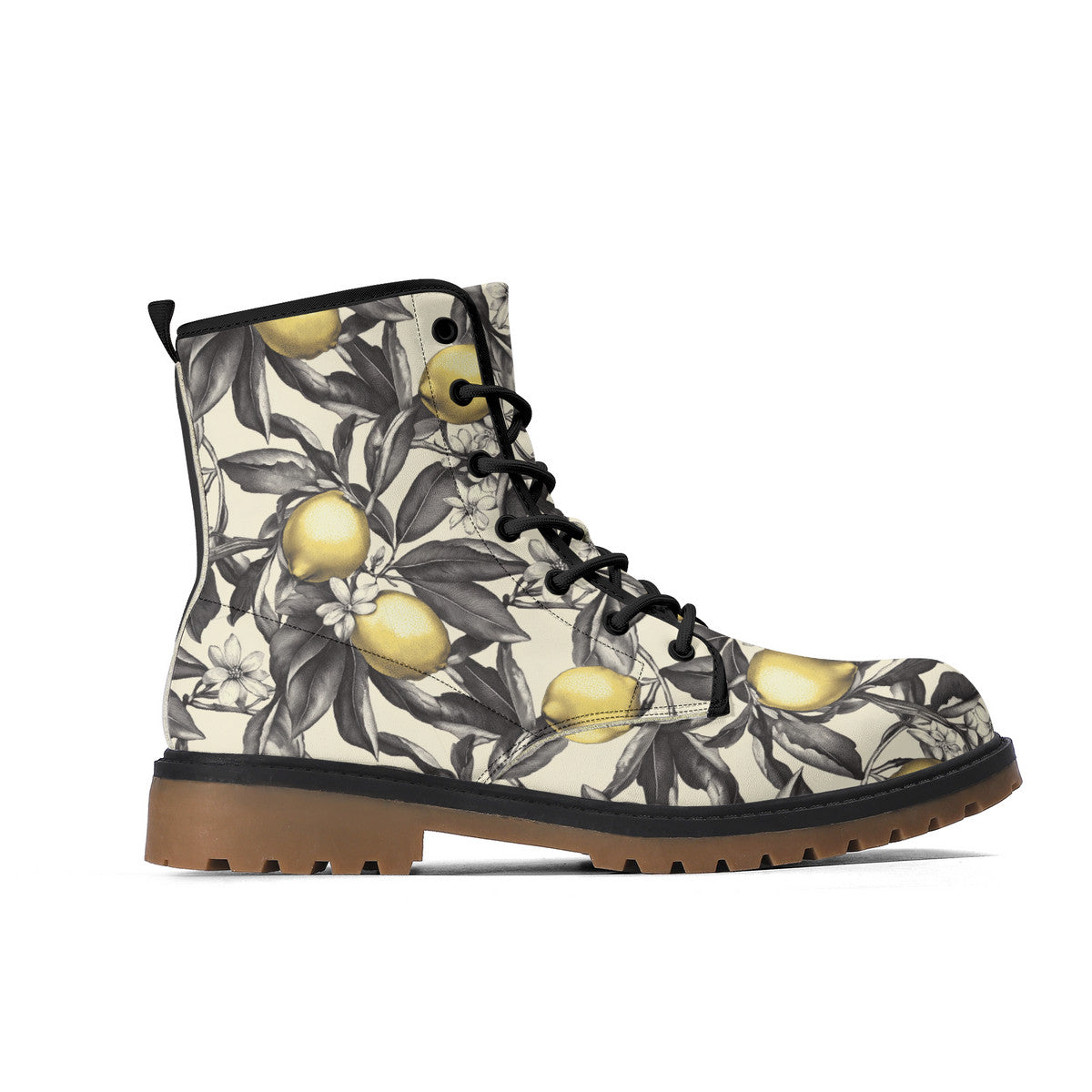 Lemon Blossom Combat Boots – Vintage Floral Lace-Up Boots, Vegan Leather Waterproof Ankle Boots, Bold Statement Footwear for Women