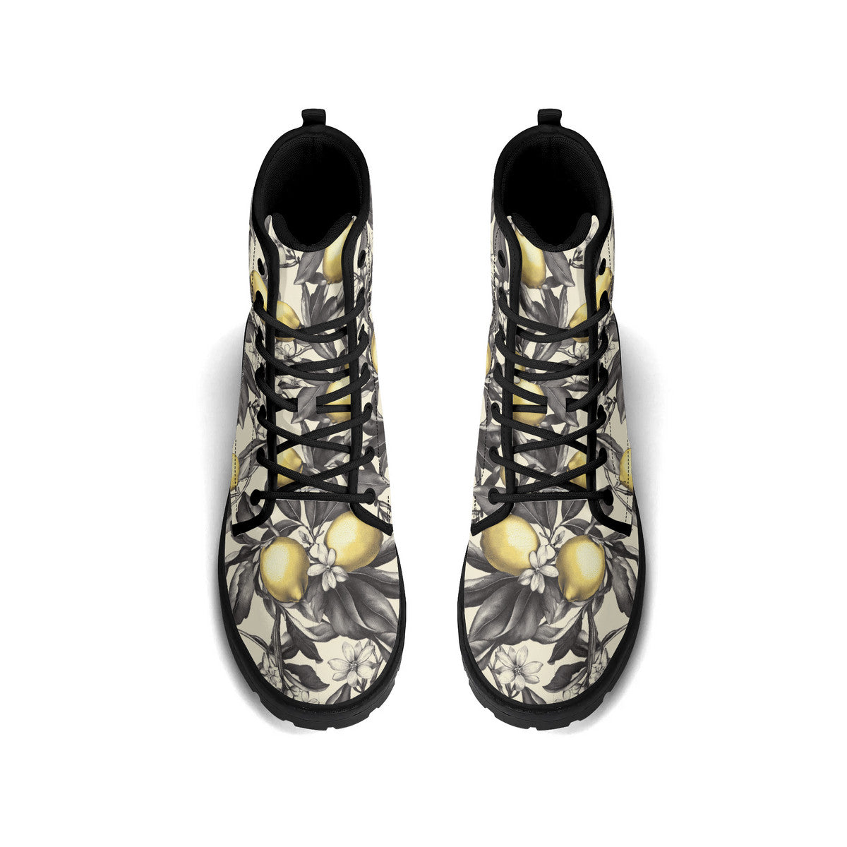 Lemon Blossom Combat Boots – Vintage Floral Lace-Up Boots, Vegan Leather Waterproof Ankle Boots, Bold Statement Footwear for Women