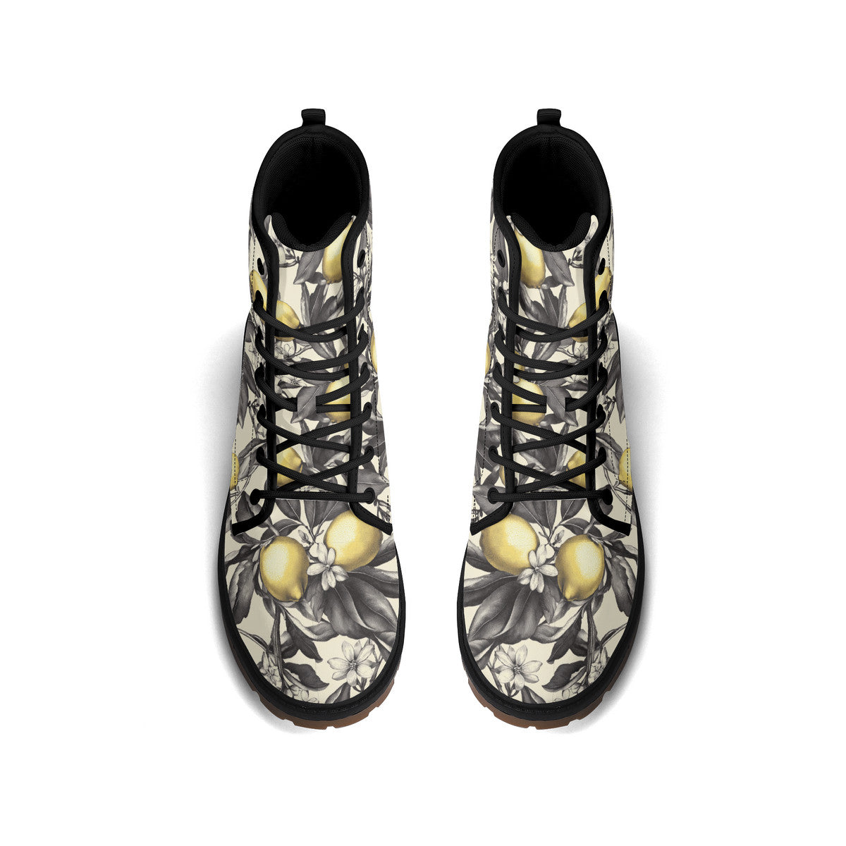 Lemon Blossom Combat Boots – Vintage Floral Lace-Up Boots, Vegan Leather Waterproof Ankle Boots, Bold Statement Footwear for Women