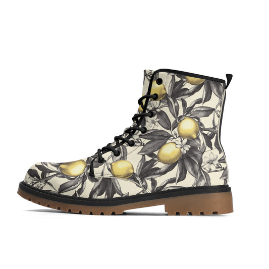 Lemon Blossom Combat Boots – Vintage Floral Lace-Up Boots, Vegan Leather Waterproof Ankle Boots, Bold Statement Footwear for Women