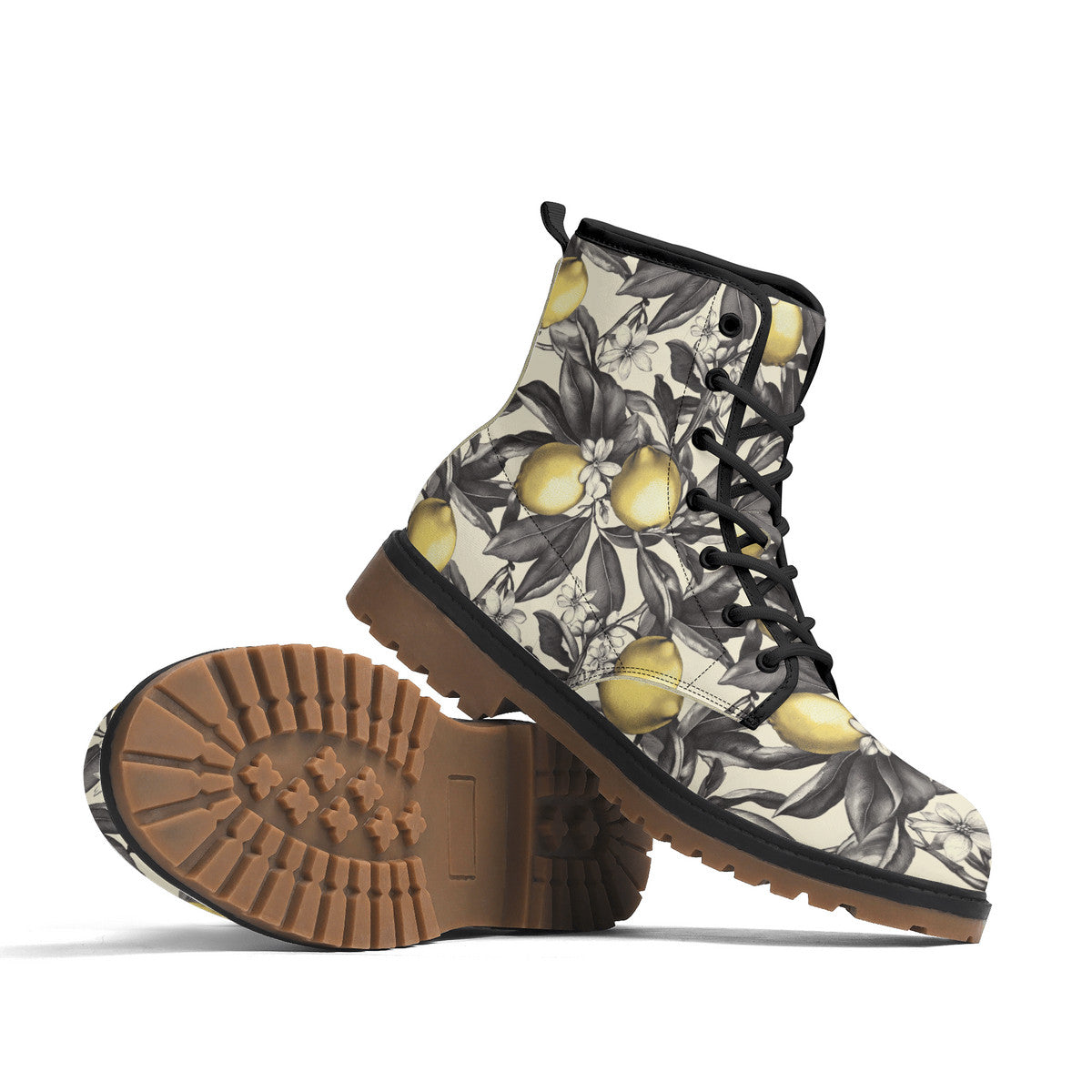 Lemon Blossom Combat Boots – Vintage Floral Lace-Up Boots, Vegan Leather Waterproof Ankle Boots, Bold Statement Footwear for Women