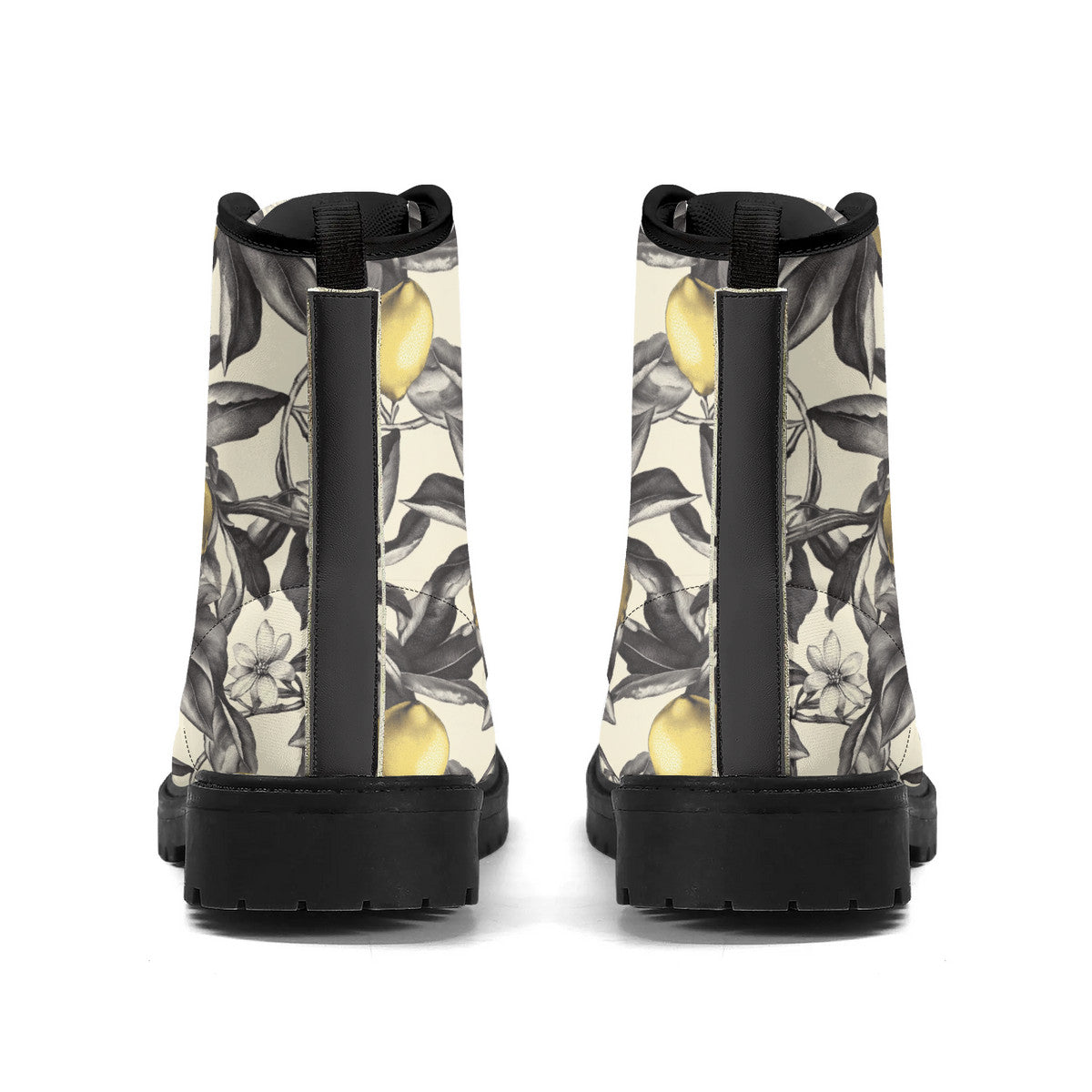 Lemon Blossom Combat Boots – Vintage Floral Lace-Up Boots, Vegan Leather Waterproof Ankle Boots, Bold Statement Footwear for Women